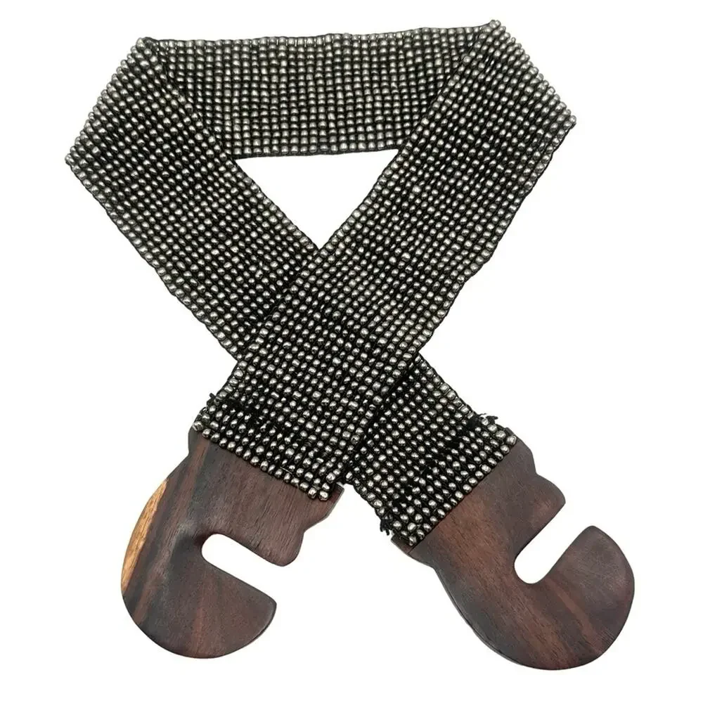 ANTHROPOLOGIE - BOHO - Beaded elastic belt wooden buckle Pewter bead color
